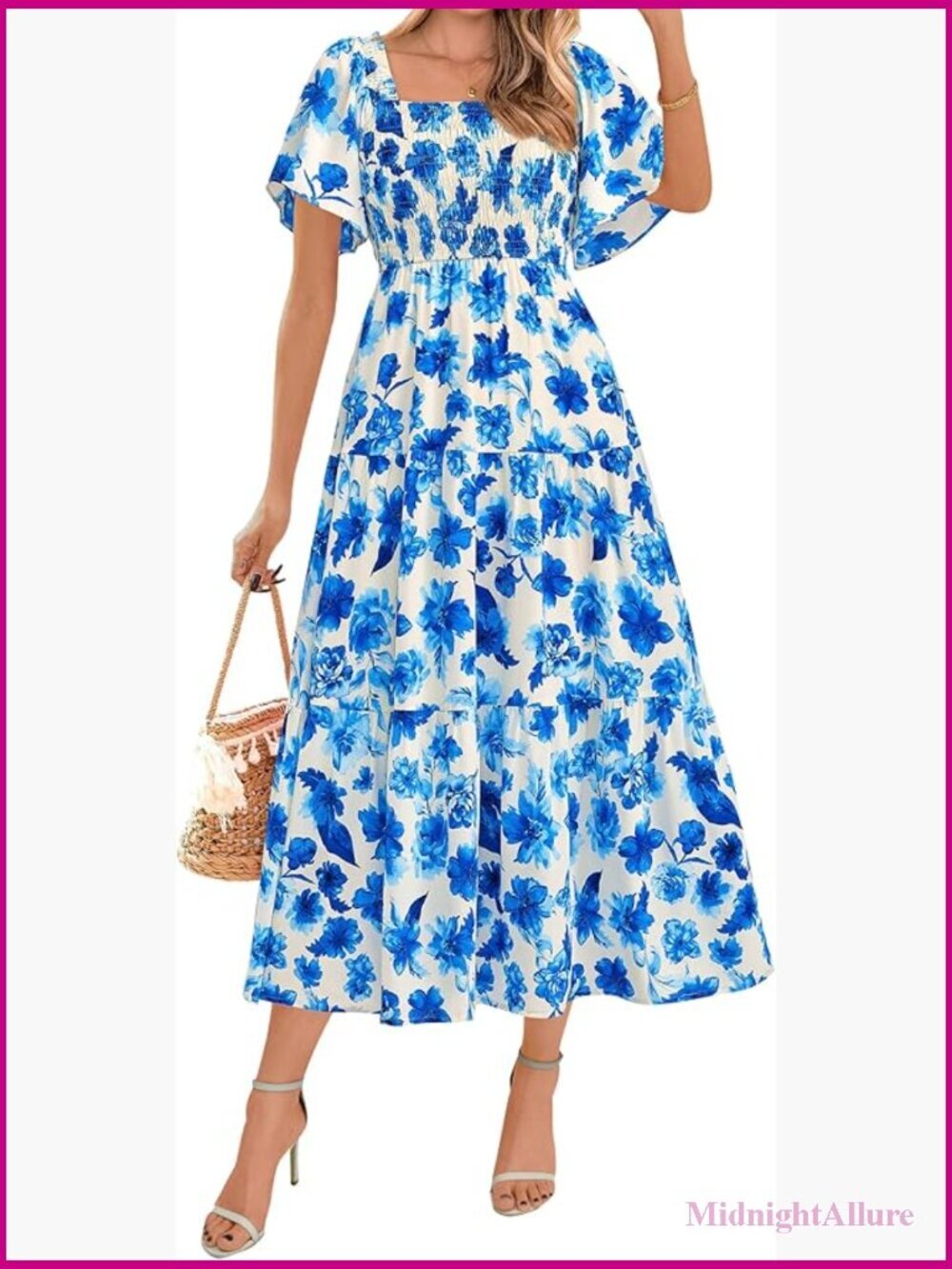 Women's Boho Floral Smocked Maxi Dress Square Neck Short Sleeve Tiered A-Line